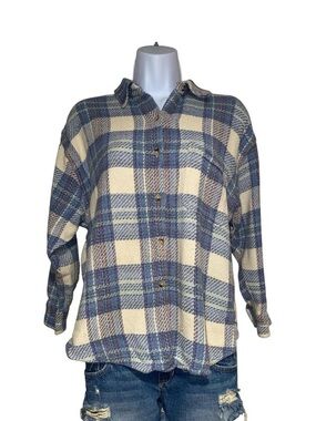 Vintage blue and cream cotton plaid button up shirt